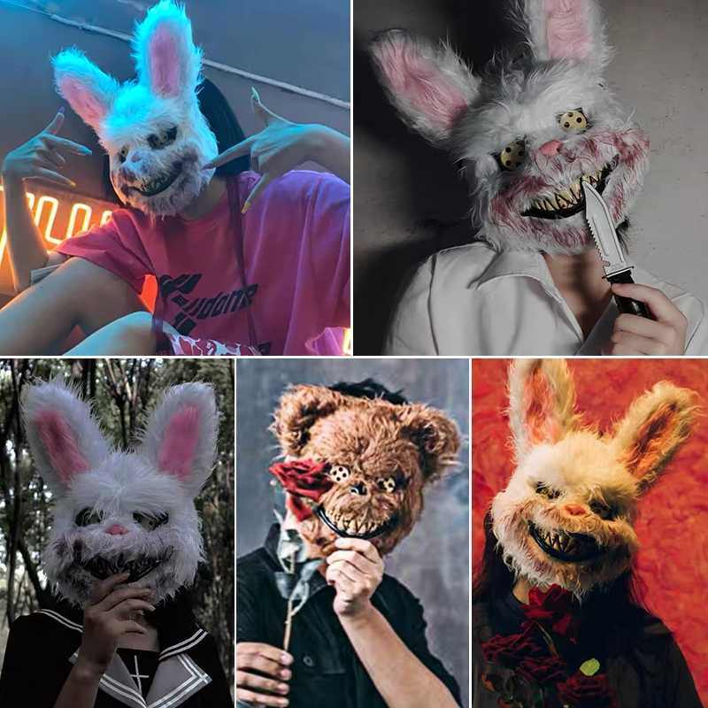 Halloween Animal Masque En Peluche Lapin Tueur Lapin Teddy Bear Masque Halloween Party Tête Couverture Mascarade Cosplay Effrayant Couvre-chef L230704