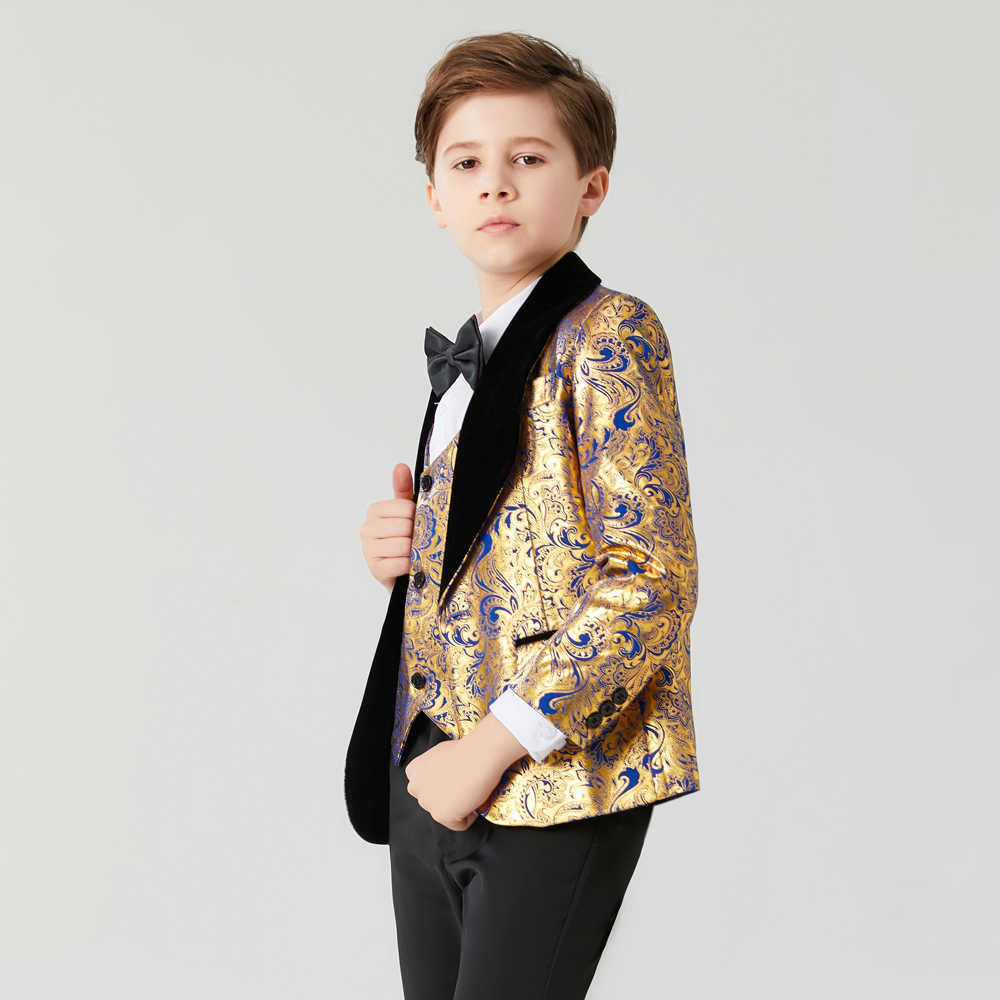 Abiti Abito ragazzo comunione abito da sposa bambini ragazzo Costume bambini Abito blu oro Abito colletto nero ragazzi Flower BoysHKD230704