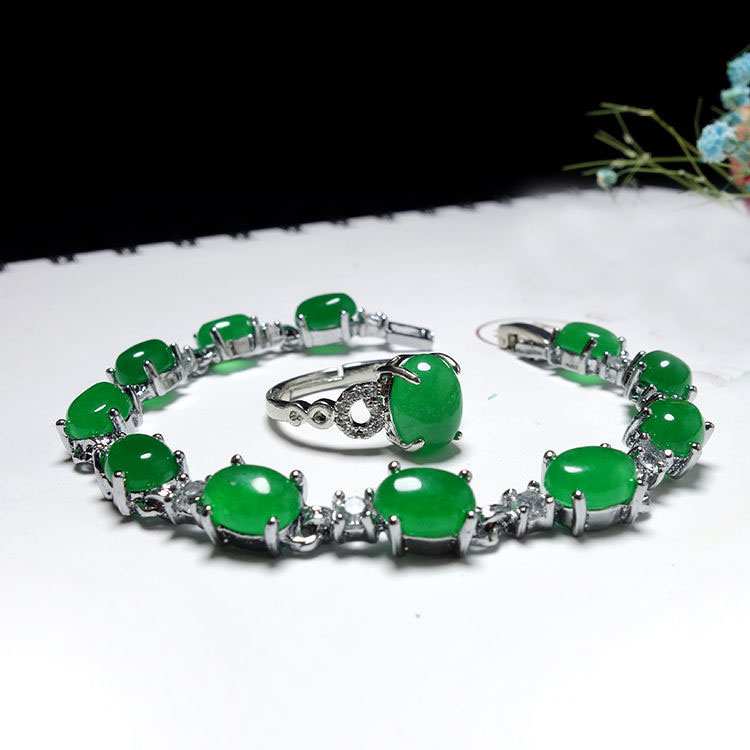 Söt liten kalebass grön malaysisk jade 925 silver hänge halsbandsring Armband örhängen set 4-delat smyckesset