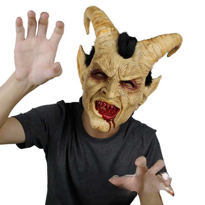 Lucifer Cosplay Mask Demon Devil Horn Latex Masks with Bloody Mouth Halloween Horror Costume Props L230704