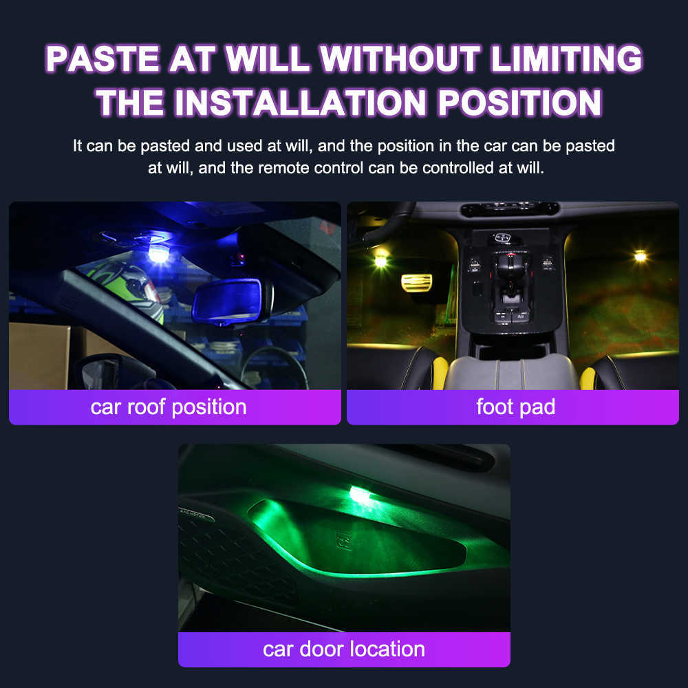 Nuevo Adhesivo inalámbrico LED Interior del coche Luz ambiental Control remoto Decoración Auto Techo Pie Lámpara de ambiente con batería Colorida