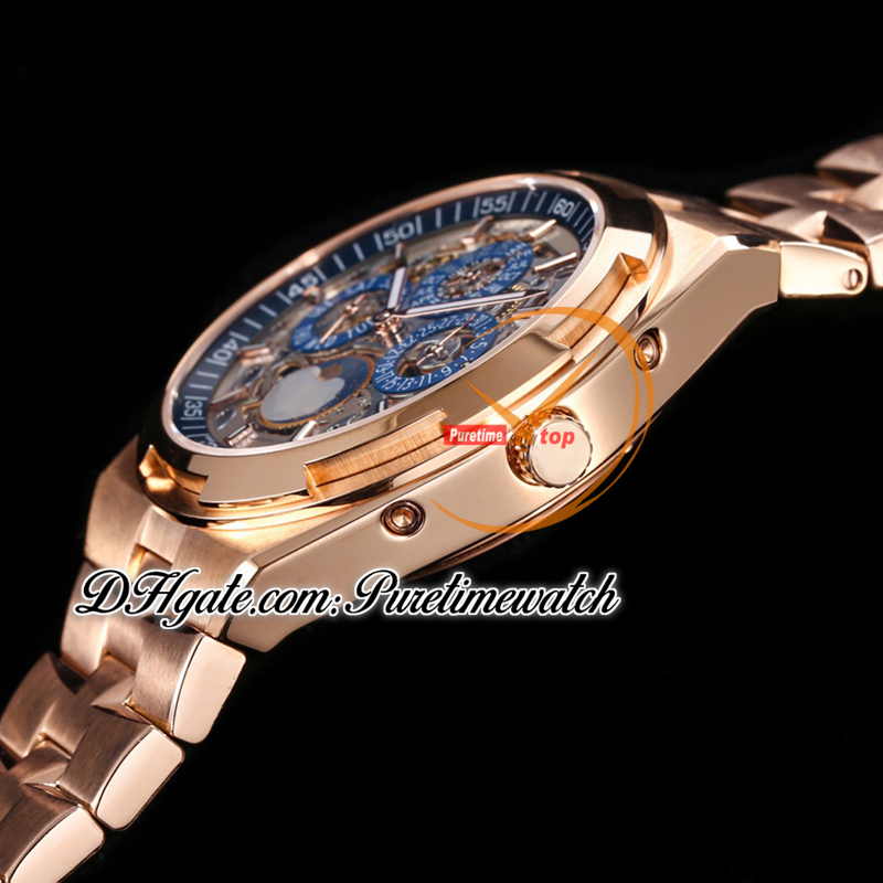 TWF Overseas Perpetual Calendar Moonphase 4300V A1120 Automatic Mens Watch Rose Gold Blue Skeleton Dial Stainless Steel Bracelet Super Version Puretime B14