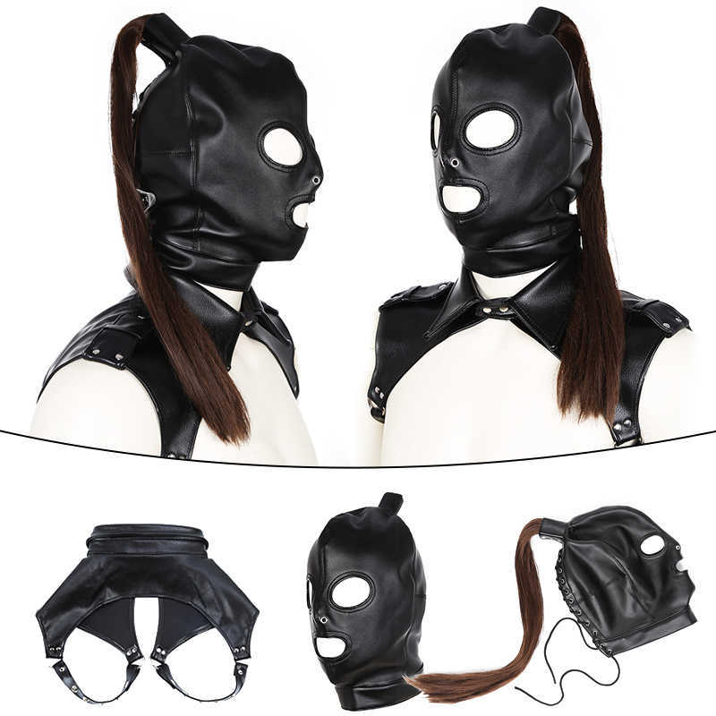 Latex Unisex Hood Mask Sexy Maschere in pelle PU Uomo Donna Cosplay Flirtare Capelli Coda di cavallo Cintura toracica Copricapo Accessorio cosplay sexy L230704