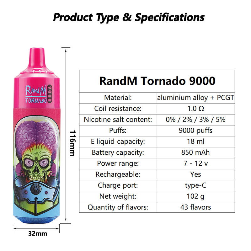 Original RandM Tornado 9000 Puff 9k Disposable Vape pen Pod Device 9000 Puffs Mesh Coil 18ml Battery Rechargeable optional 2% 5% e cigarette