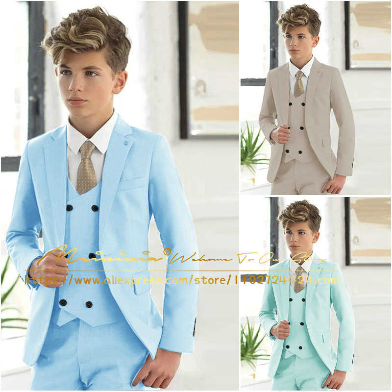 Ternos Casual Azul Claro Meninos Ternos Formais Conjunto de Roupas Crianças Casaco Colete Calças 3 Pçs Casamento Smoking Terno Crianças Blazer Traje de FestaHKD230704