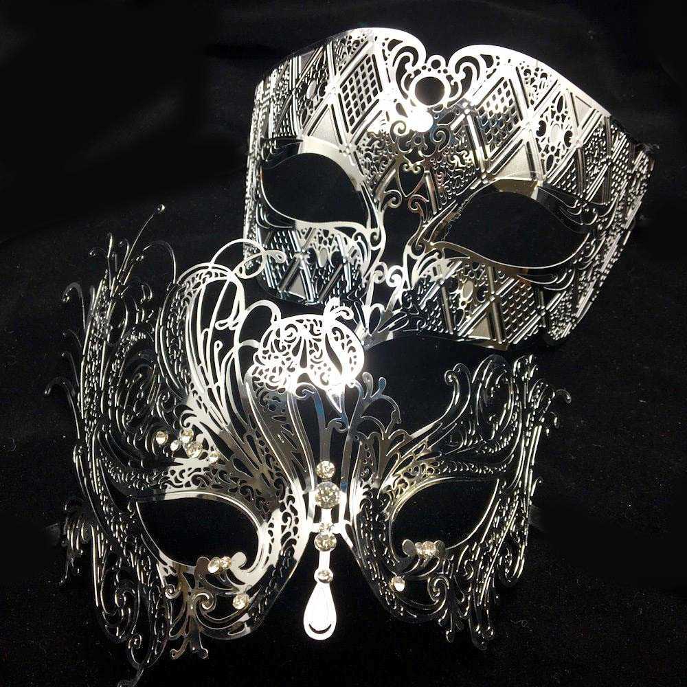 Svart Silver Guld Metall Filigran Laser Cut Par Venetiansk Fest Mask Bröllopsboll Mask Halloween Maskerad Kostym Masker Set L230704