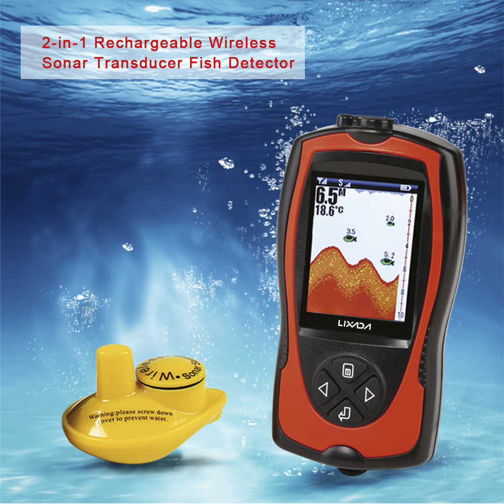 Fish Finder 2 in 1 Fish Finder Ricaricabile LCD da 2,4 pollici Wireless Fishing Sonar Trasduttore Localizzatore di profondità ICE Ocean Boat Alarm Rilevatore di pesci HKD230703