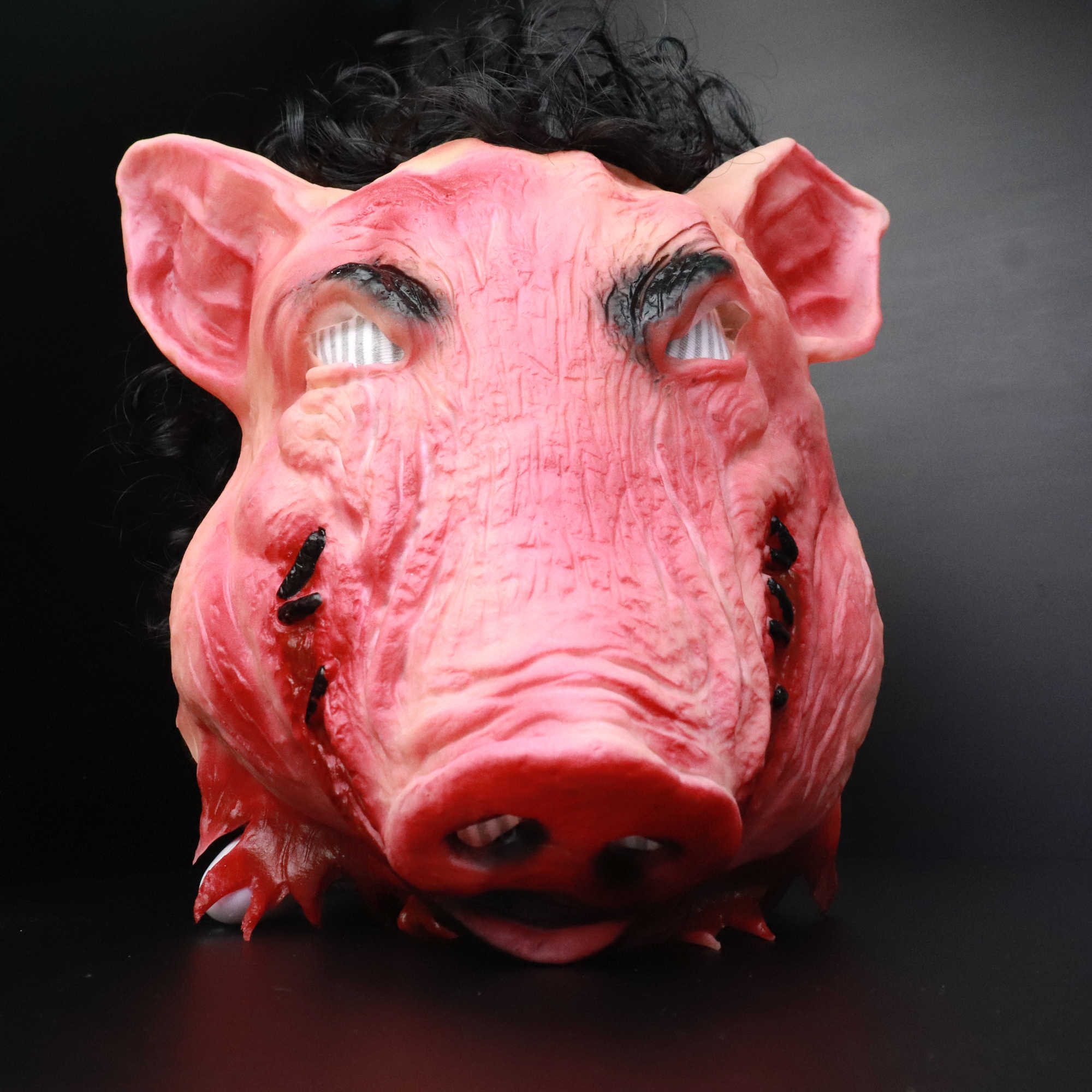 Halloween Effrayant Masque Nouveauté Tête De Cochon Horreur avec Masques De Cheveux Caveira Cosplay Costume Réaliste Latex Festival Fournitures Loup Masque L230704