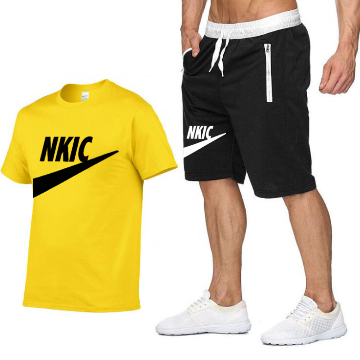 Conjunto de shorts de camiseta masculina preta de marca de verão 100% algodão plus size agasalho esportivo 2 peças decote em O manga curta roupas masculinas terno masculino