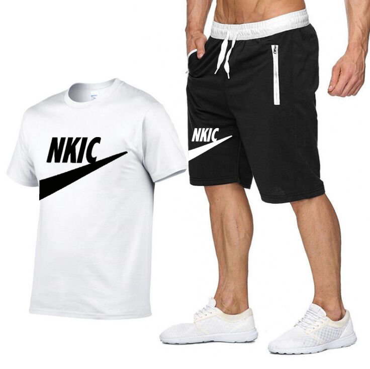Conjunto de shorts de camiseta masculina preta de marca de verão 100% algodão plus size agasalho esportivo 2 peças decote em O manga curta roupas masculinas terno masculino