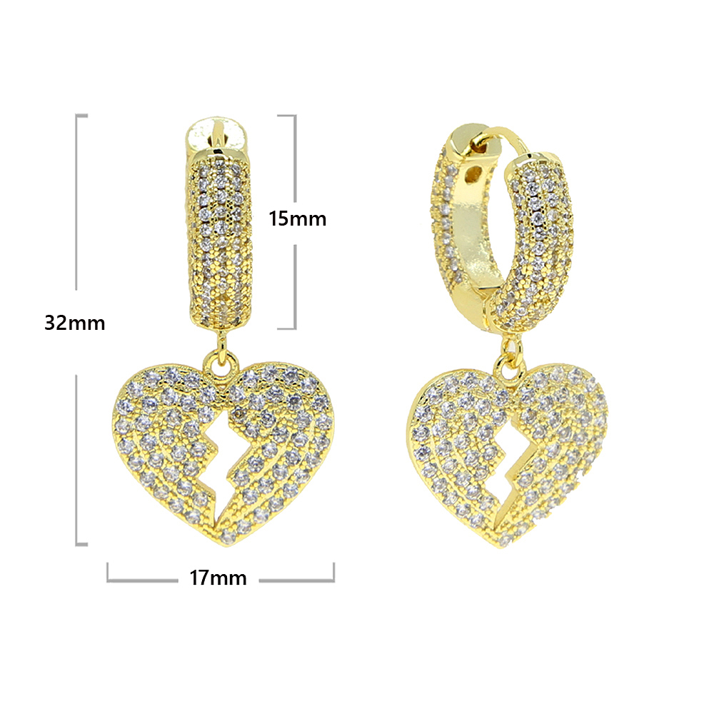 ÜCRETSİZ Nakliye Çatlak Kalp Küpe Tam buzlu Bling Pave Kübik Zirkon CZ Moda Hip Hop Kadın Lady Jewelry