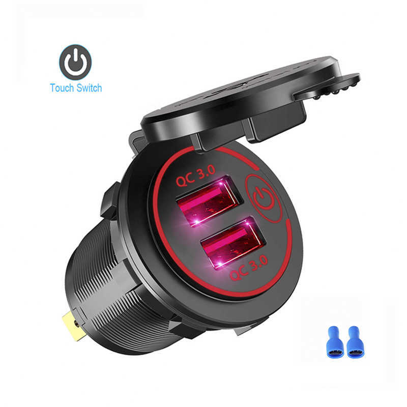 Aggiornamento auto Carica rapida 3.0 Doppia presa USB caricabatteria auto veloce Accessori Presa di corrente QC3.0 impermeabile 12V / 24V con interruttore tattile Luce a led