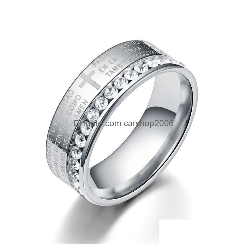 Band Rings Classic Espanha Bíblia Escritura Cruz Casal com Crystal Religion Verso aço inoxidável anel de dedo para homens mulheres moda Dhpem