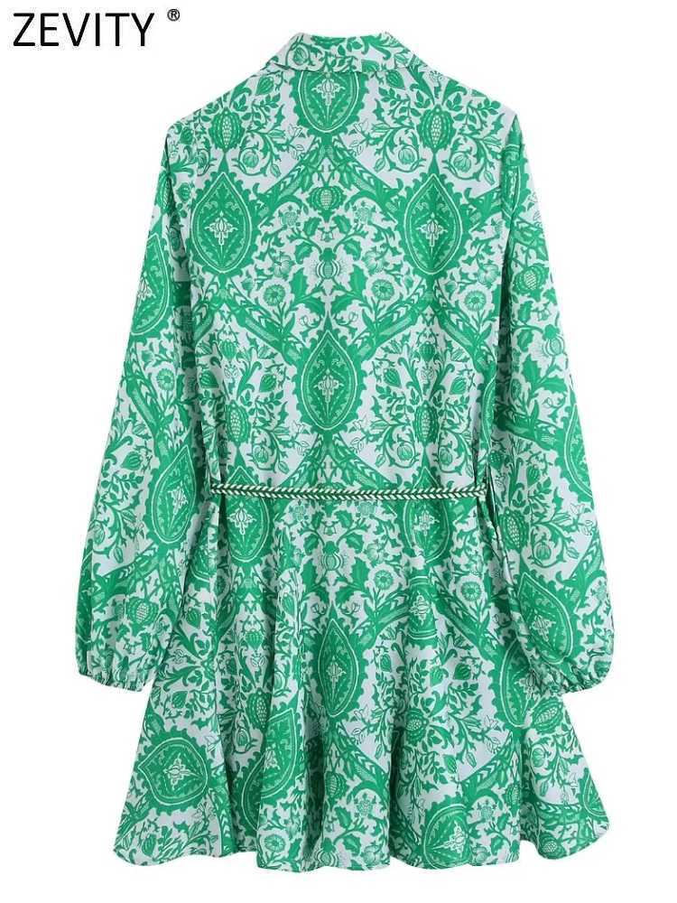 Casual Dresses ZEVITY Women Fashion Paisley Floral Print Belt Mini Shirt Dress Female Chic Casual Big Swing Hem Pleat Green Vestidos DS9353 J230705