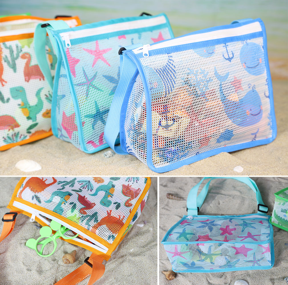 Kinder Shell Collection Taschen Sommer Mesh Strandtasche für Kinder Spielzeug Organizer Netz Reißverschluss Verstellbarer Schultergurt Aufbewahrungstasche