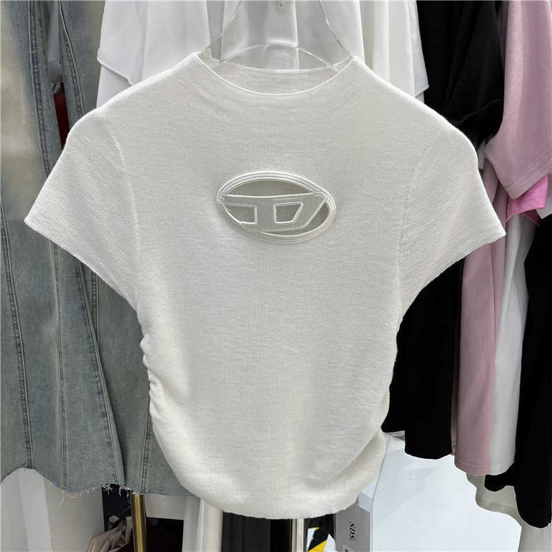 Hollow out Embroidery Thin Ice Silk Knitwear Women's 2023 Summer Spicy Girl Style Pleated Slim Fit Underlay T-shirt
