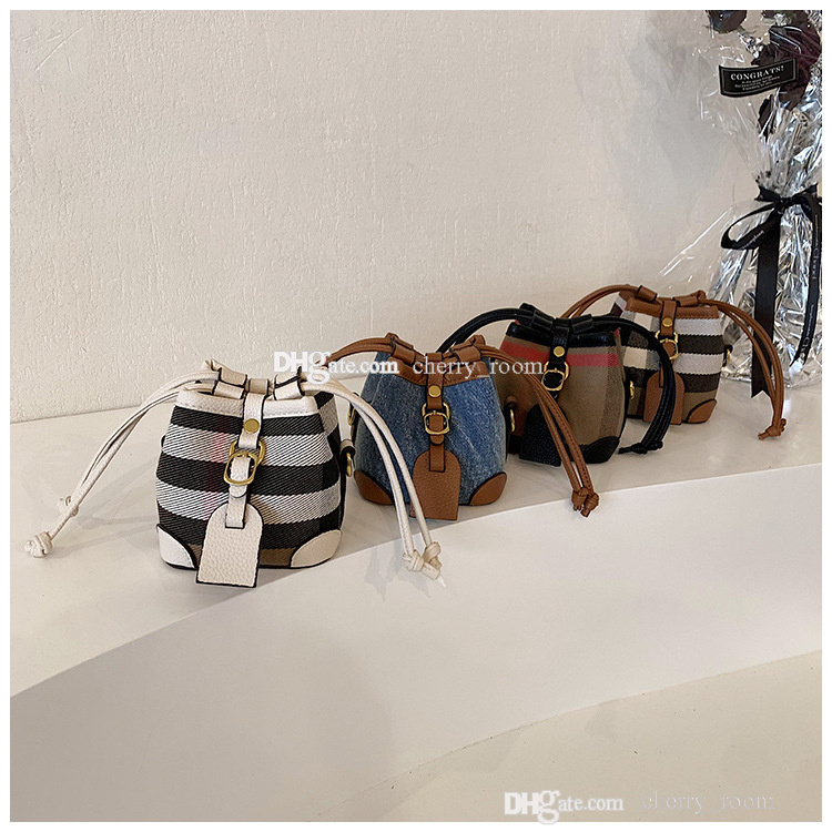 designer girls handbags European and American lattice mini one shoulder bags children checkered cowboy draw rope bucket bag F1727