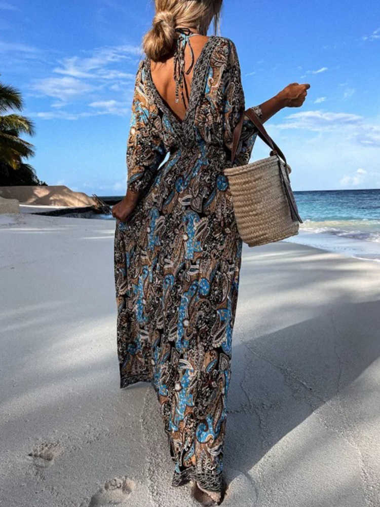 Повседневные платья Boho Deep V Sect Taisting Bilsing Long Play Women Women Spring Pattern Print Vintage Maxi платье лето с коротким рукавом свободное пляжное платье J230705