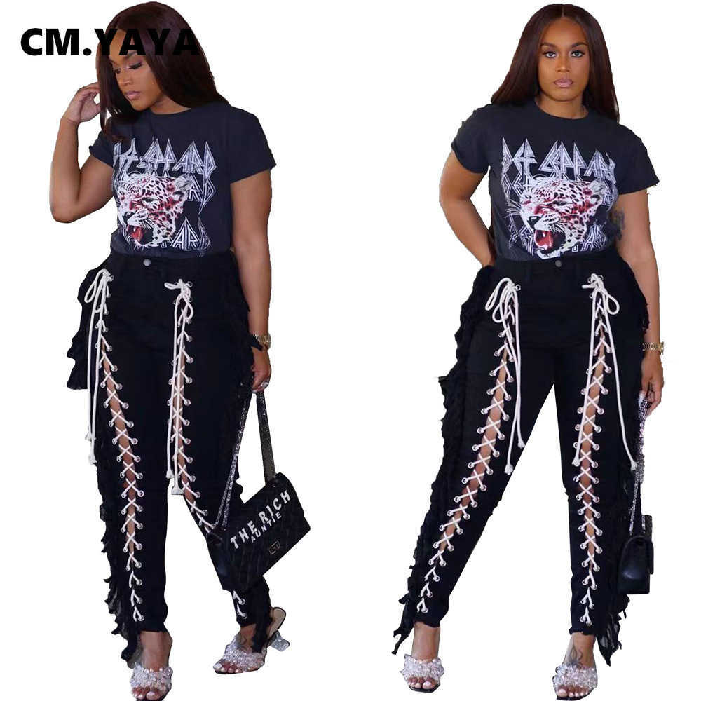 Dambyxor Capris CM.YAYA Dam Black Eyelet Lace Up Hollow Out Tofs Sidobyxor 2022 New Streetwear Elegant Chic Pants J230705