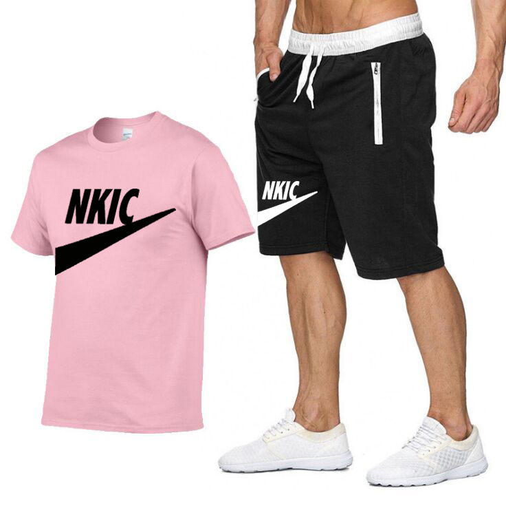 Summer Brand Logo Men's 100% Cotton Blue T-shirt Shorts Set Plus Size 2XL Men's Sportswear Tracksuit O Neck Short Sleeve Men Clothing Pit Male