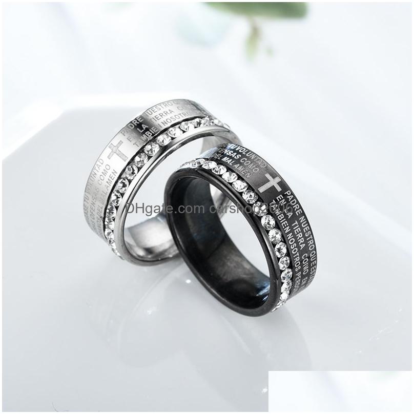 Band Rings Classic Espanha Bíblia Escritura Cruz Casal com Crystal Religion Verso aço inoxidável anel de dedo para homens mulheres moda Dhpem