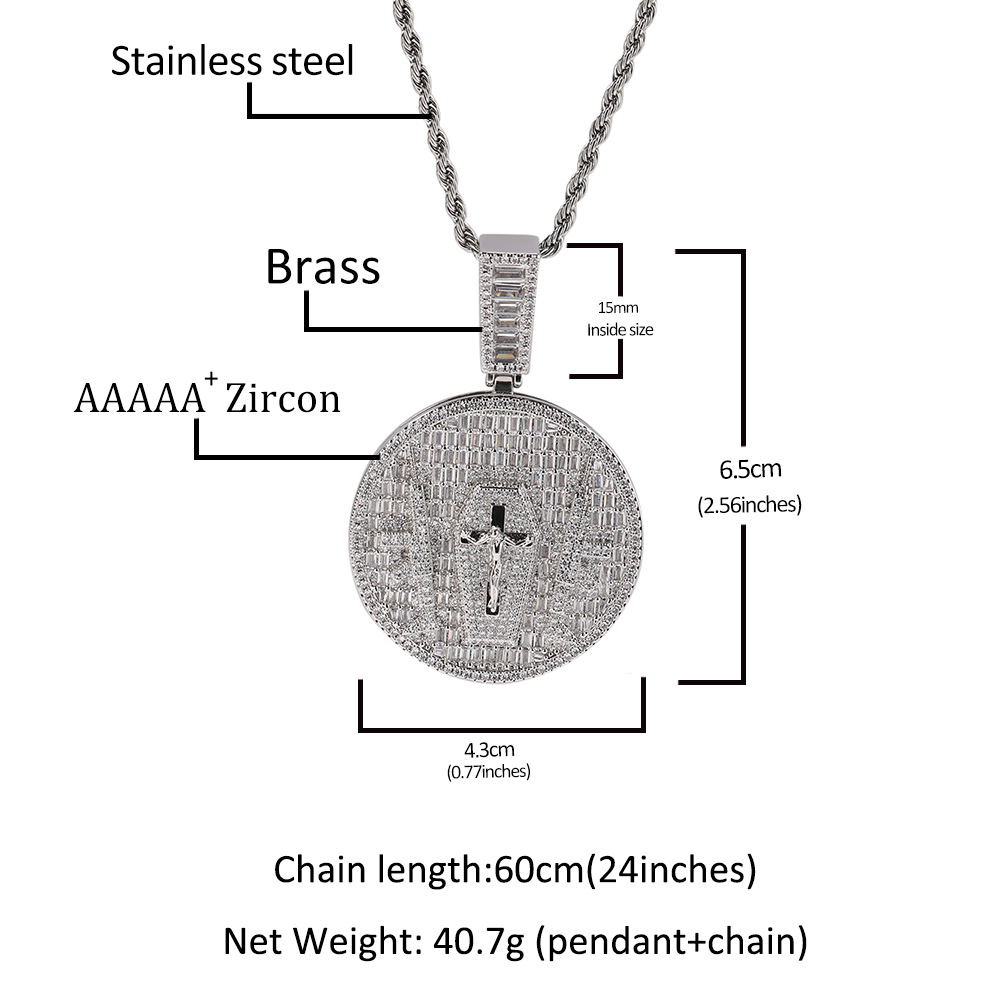 힙합 예수 크로스 패턴 펜던트 목걸이 맨 위에 흰색 5a 지르콘 종교 보석