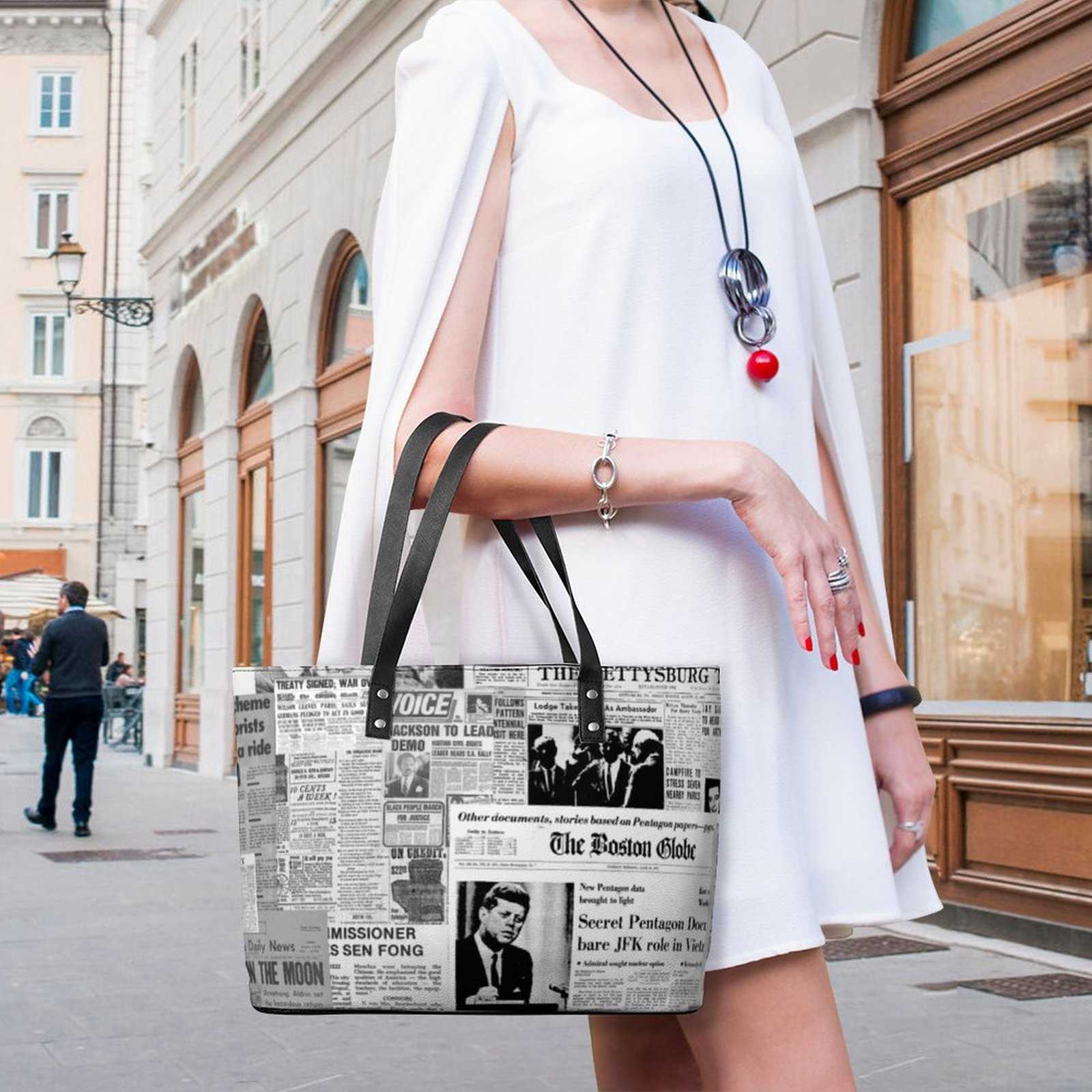 Schoudertassen Krant Collage Handtassen Oude Amerikaanse Kranten PU lederen schoudertas Student Kruidenier Print Tote Bag Casual Shopper Bags 230705