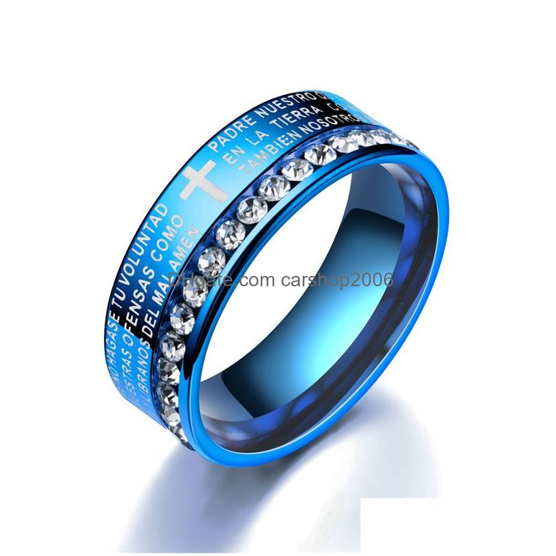 Band Rings Classic Espanha Bíblia Escritura Cruz Casal com Crystal Religion Verso aço inoxidável anel de dedo para homens mulheres moda Dhpem