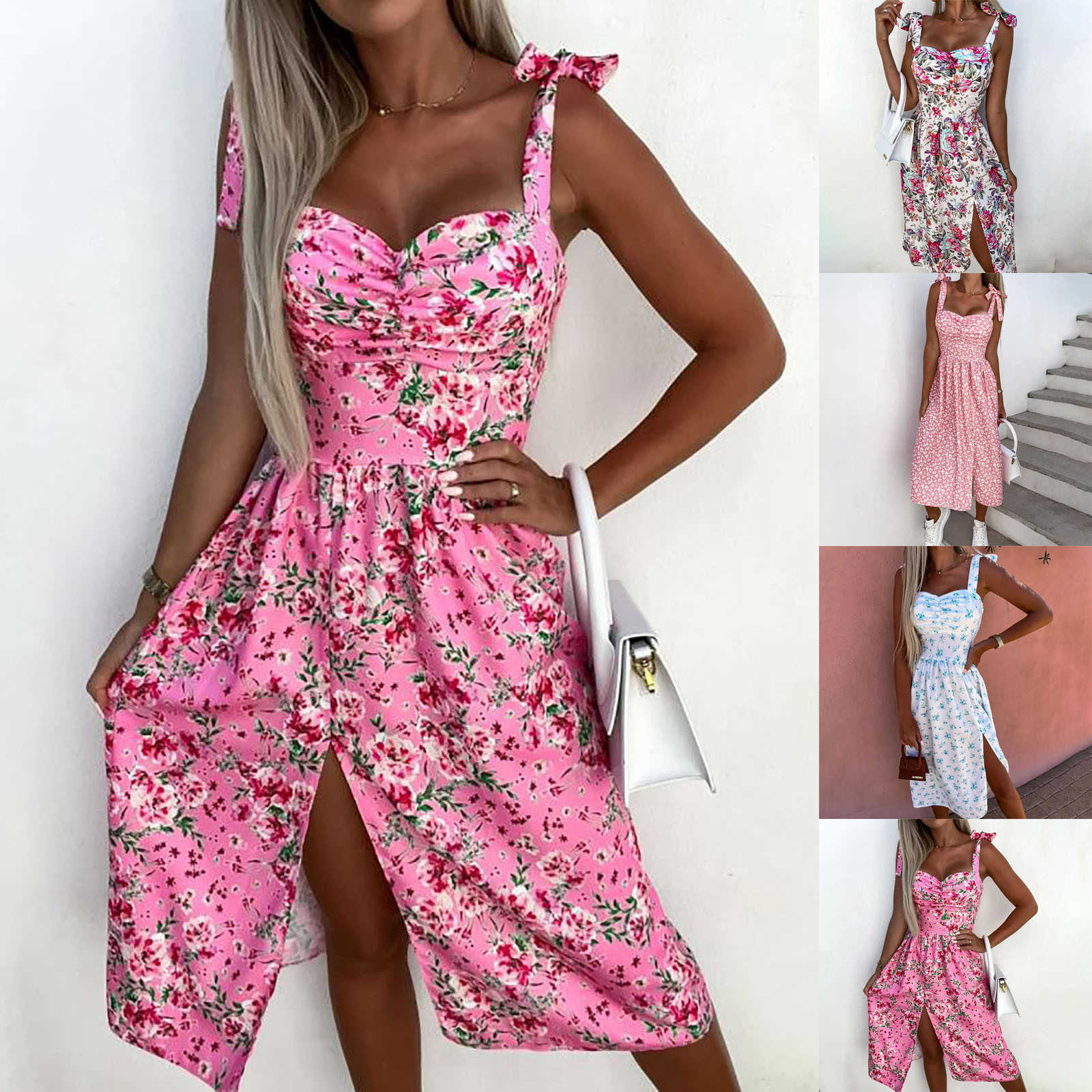 Casual Dresses Summer Women's Floral Printed Sleeveless Beach Party Slit Dress Sexy Casual Lace-Up Backless Strapless Sundress Sukienka#g5 J230705