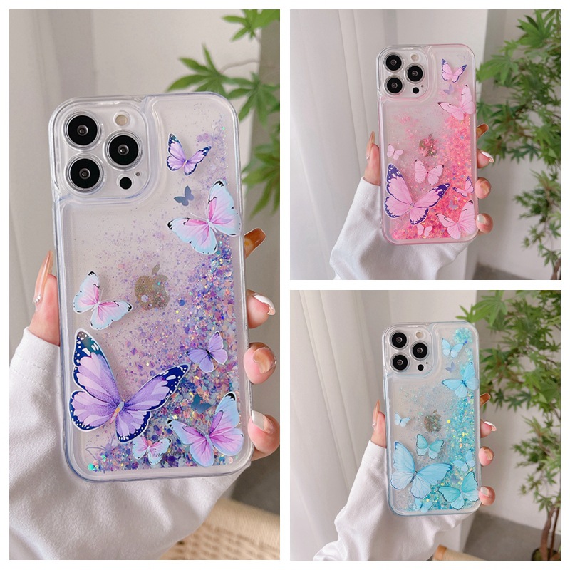 Pour iphone 13 14 plus pro max cas couverture paillettes flux sables mouvants joli motif papillon clair transparent tpu cristal lumineux téléphone cas