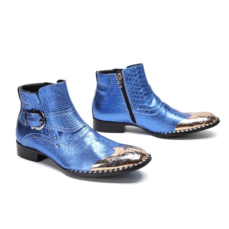 High Quality Shoes Genuine Leather Ankle Boots For Men  Blue Snake Skin Steel Toe Buckle Man Dress Flats Bota Masculina