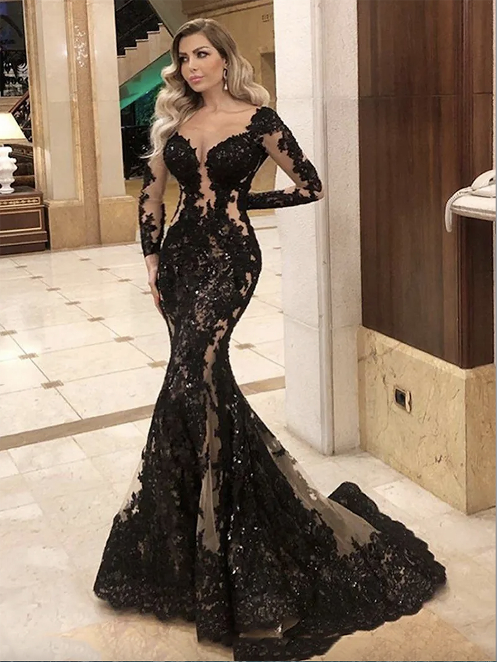 Black Mermaid Formal Evening Dress Long Sleeve Sexy Sheer Sequined Lace Long Prom Party Gowns Custom Made 2023 New Robe De Soiree Arabic
