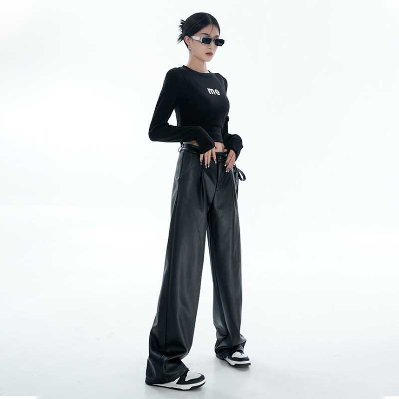 Dambyxor Capris Svarta PU-läderbyxor Dam Casual Koreanskt mode Baggy Hög midja Raka Breda Ben Byxor Streetwear Y2K Vintage Goth Punk J230705