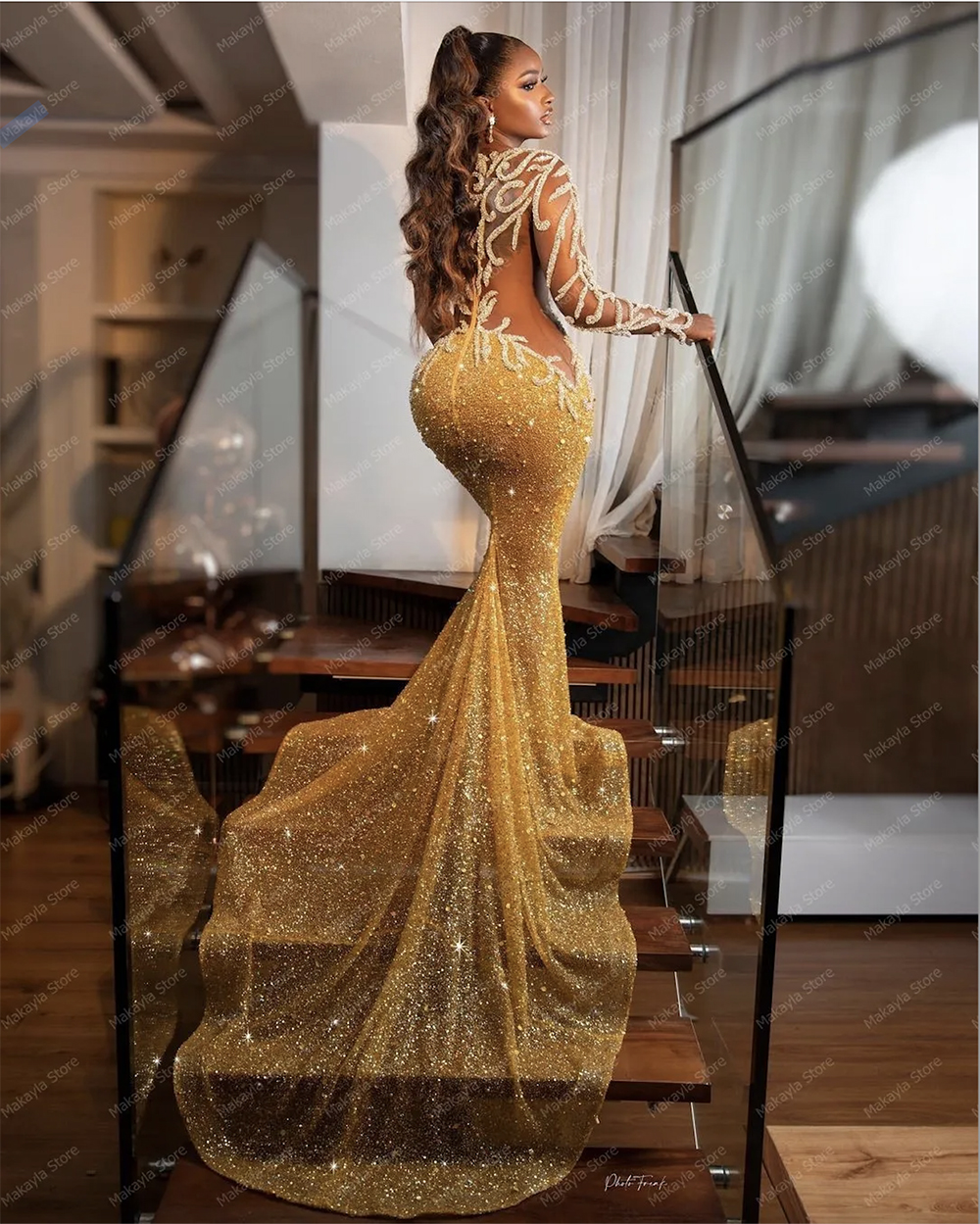 Sexy Amarelo Frisado Aso Ebi Vestidos de Noite Puros Mangas Longas Apliques Cristais Miçangas Vestido de Baile Sereia Vestidos de Luxo