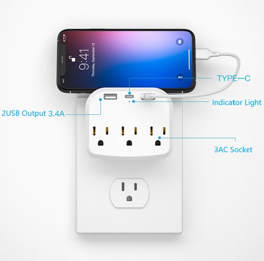 Extensor de tomada padrão dos EUA Hotel Office Home Kitchen Outlet Extension Power Strip 2 USB 1Type C 3 AC Outlets Plug Adapter