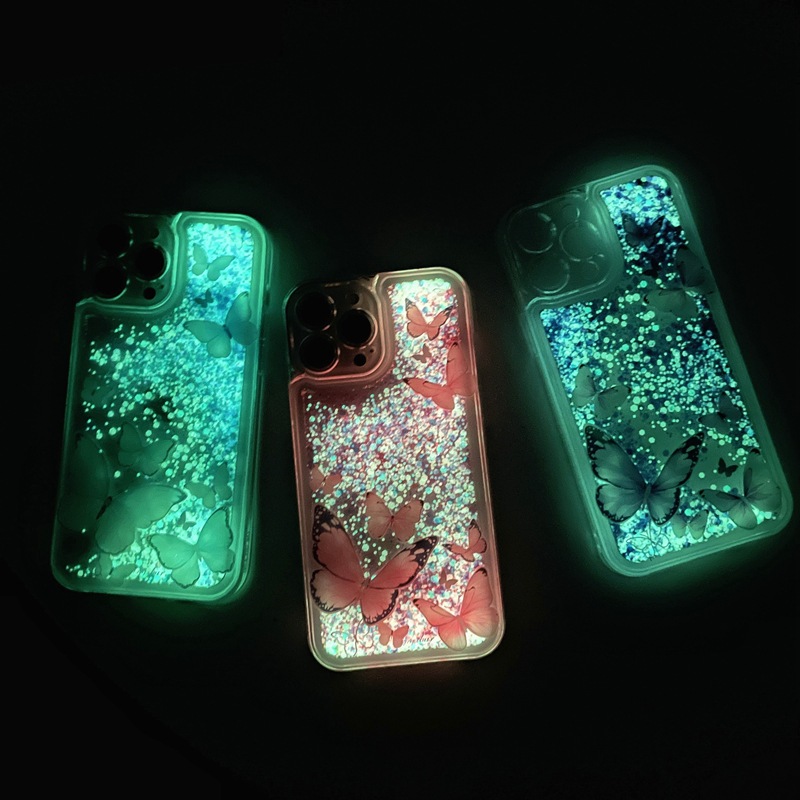 Para iphone 13 14 plus pro max capa capa brilhante fluxo areia movediça lindo padrão borboleta claro transparente tpu cristal luminoso capa de telefone