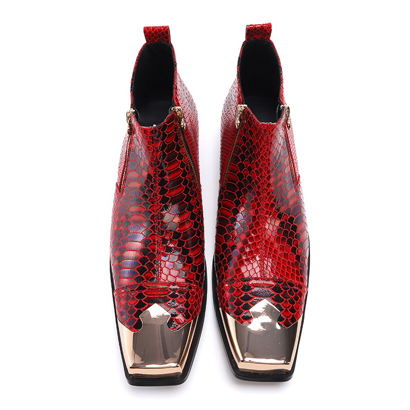 Hiver britannique en cuir véritable bottines pour hommes rouge peau de serpent bout carré métal bottes militaires moto robe fête homme