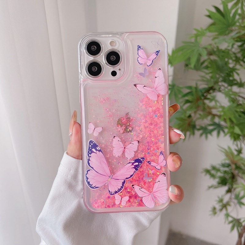 Pour iphone 13 14 plus pro max cas couverture paillettes flux sables mouvants joli motif papillon clair transparent tpu cristal lumineux téléphone cas