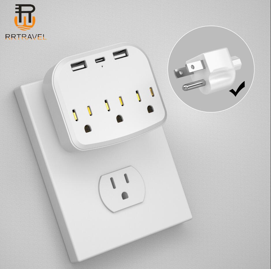 US Standard Outlet Extender Hotel Office Home Kitchen Outlet Extension Power Strip 2 USB 1Type C 3 AC Outlets Plug Adapter
