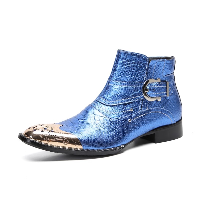High Quality Shoes Genuine Leather Ankle Boots For Men  Blue Snake Skin Steel Toe Buckle Man Dress Flats Bota Masculina