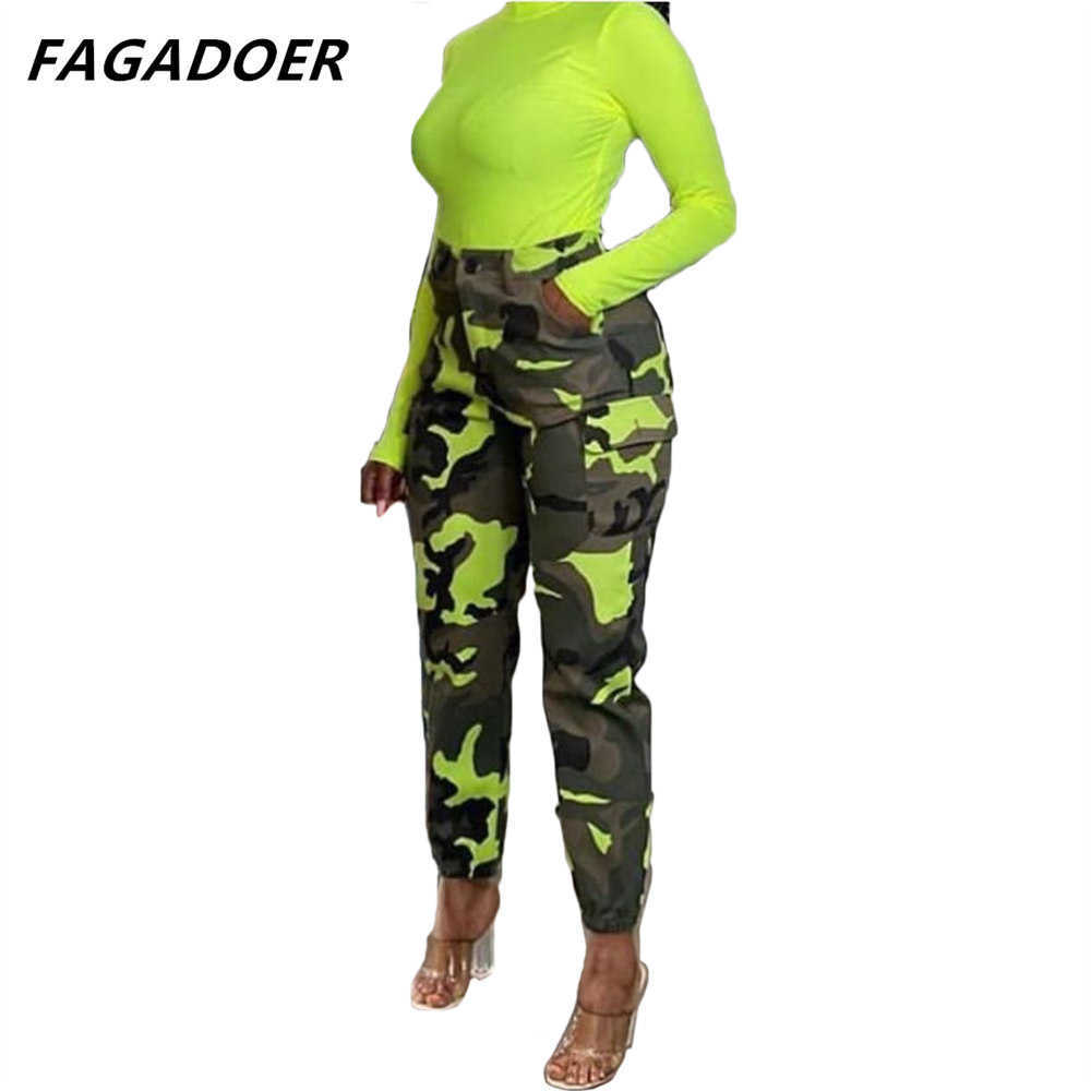 Pantalon Femme Capris FAGADOER Camouflage Cargo Pantalon Taille Haute Extensible Cool Fille Mode Armée Vert Pantalon Femmes 2021 Automne Streetwear Bas J230705