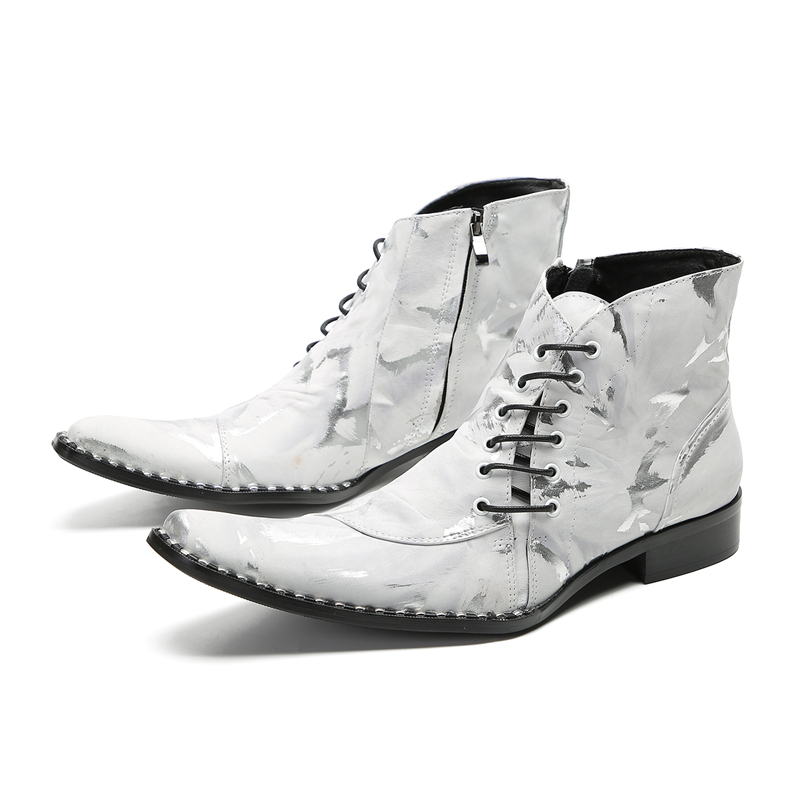 Punk Style Men Gray Genuine Leather Boots Pointed Toe Metal Rivet Motorcycle Boots Winter Male Party Boots