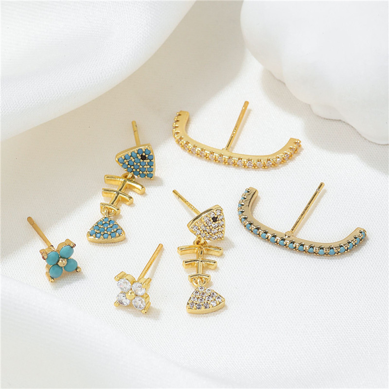 Cute Fishbone Stud Earrings Designer for Woman Blue White AAA Cubic Zirconia 18k Gold Copper Diamond Earring Luxury Jewelry Gift s925 Sterling Silver Post