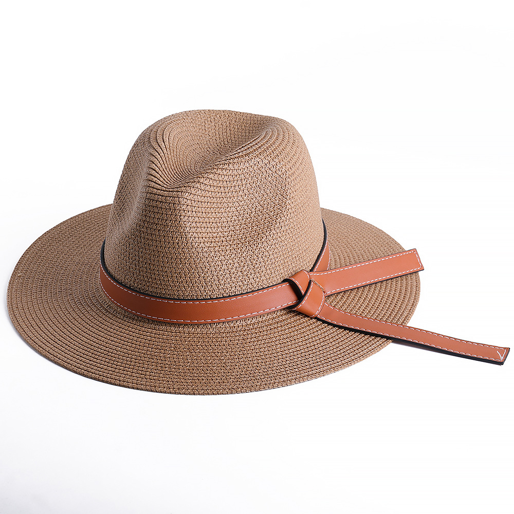 Women Classic Flat Brim Belt Straw Cap Sun Hat Simple Summer Beach Hat Female Casual Panama Hat Lady Fedora