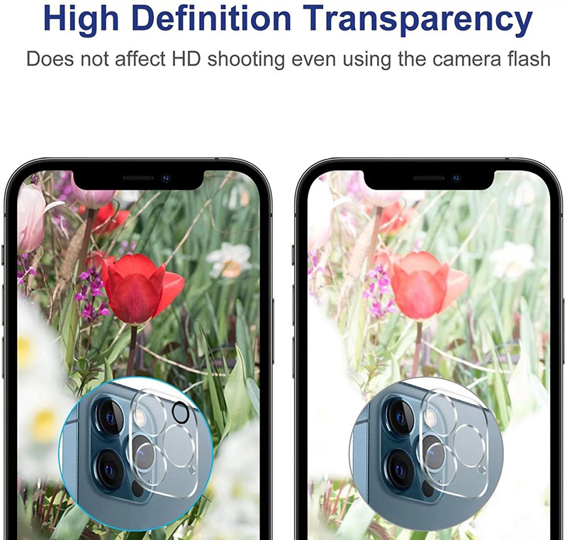 Objectif de caméra 3D en verre transparent HD, verre trempé résistant aux rayures pour téléphone arrière avec cercle Flash pour iPhone 15 14 13 12 11 pro max