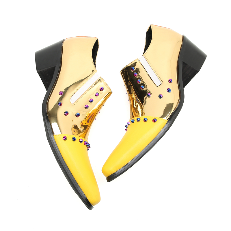 Luxury Handmade Rivets Men's Shoes Pointed Toe Leather Dress Shoes Men Slip on Gold Oxfords for Men Partry/Wedding EU38-47