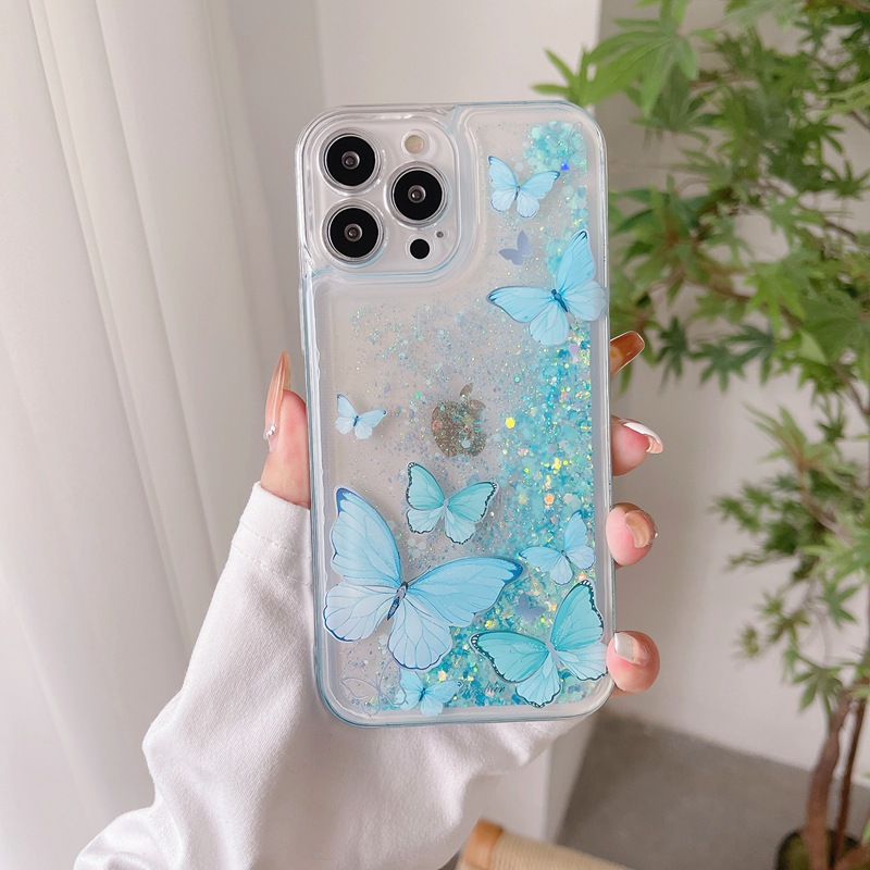 Pour iphone 13 14 plus pro max cas couverture paillettes flux sables mouvants joli motif papillon clair transparent tpu cristal lumineux téléphone cas