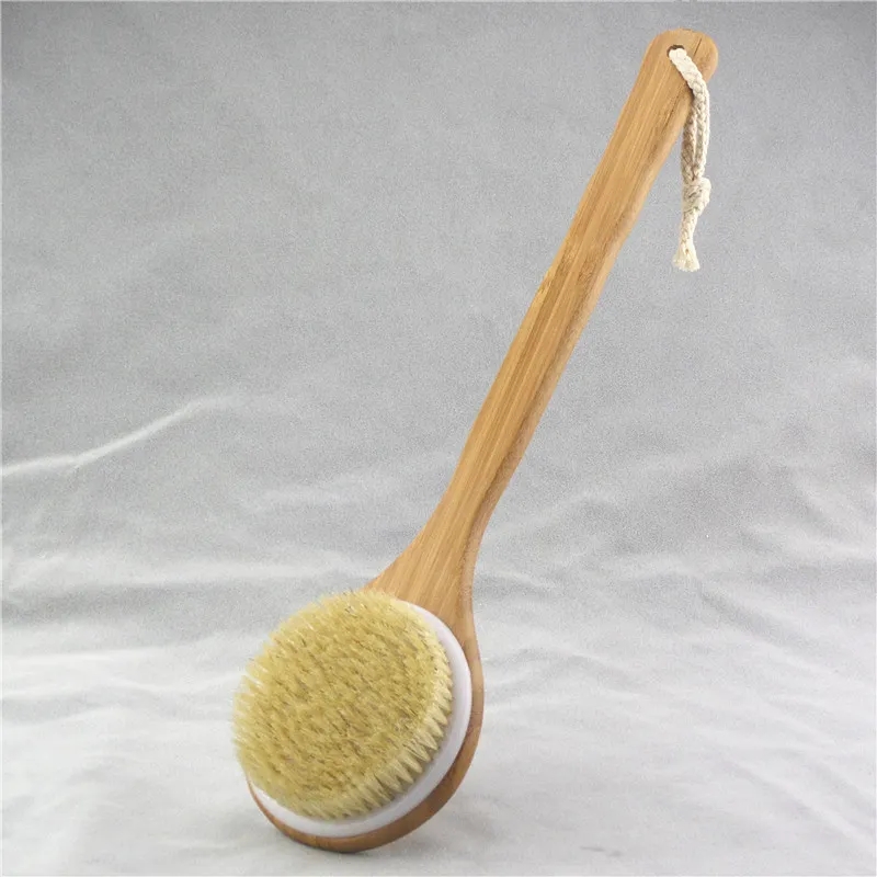 Natural Bristle Brush Long Handle Wooden Scrub Skin Massage Shower Body Bath Brush Round Head Bath Brushes Bathroom Accessories