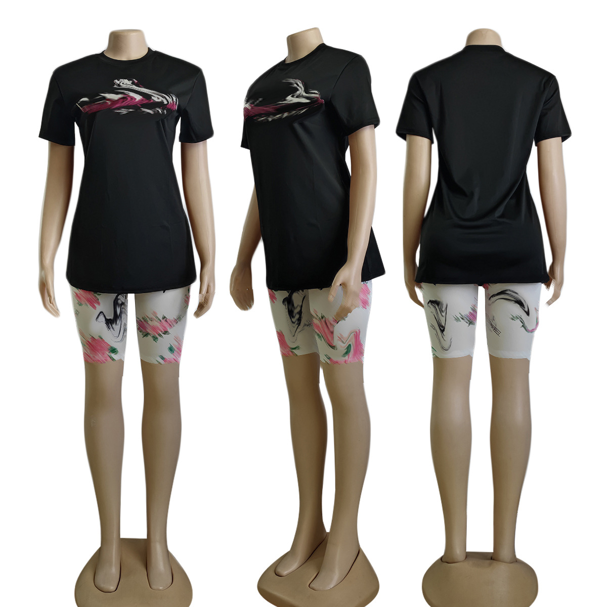 Print Two Piece Pants Casual Crew Neck T-shirt and Shorts Set Women Summer Outfits Free Ship