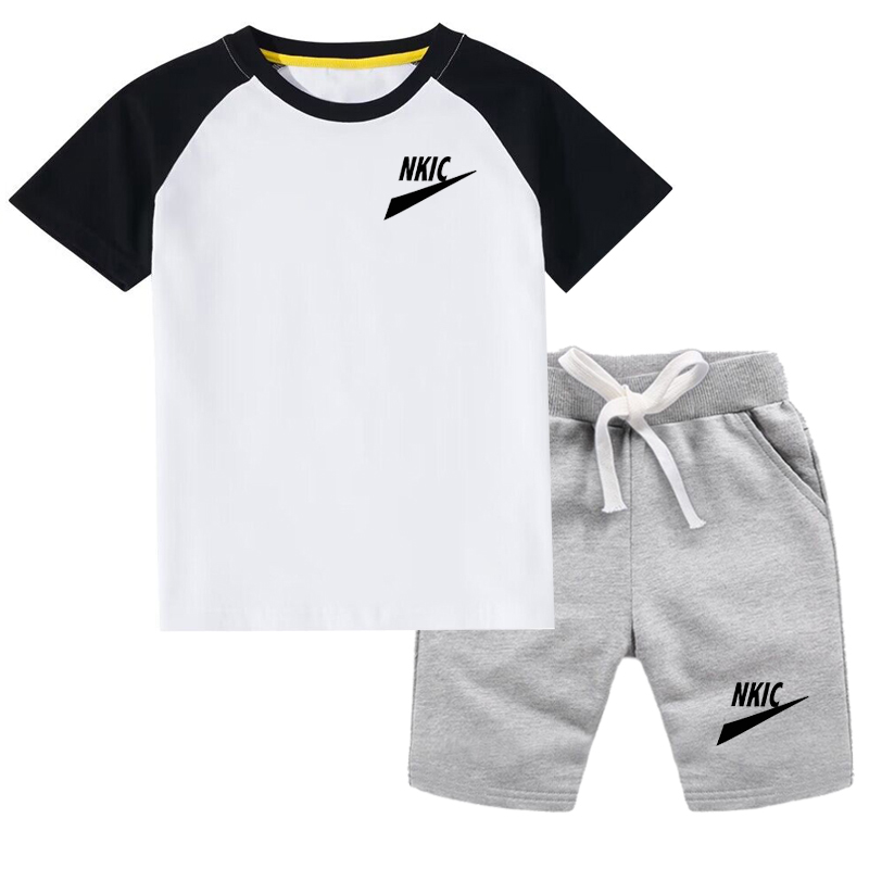 Summer Baby Boys Girls Brand LOGO Cotton Kids Tracksuit Short Sleeve Red T-shirts Children Outfits Sports Set Splice Sets Clothes